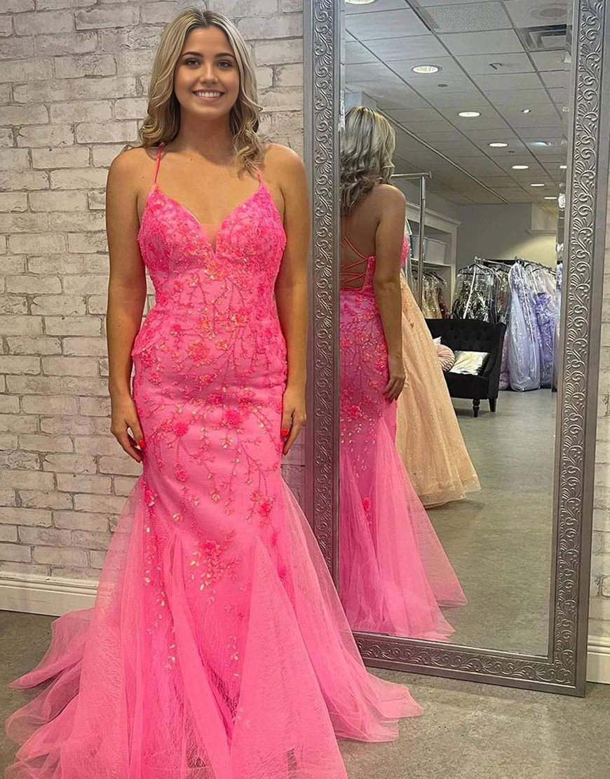 Mermaid Deep V-Neck Cross Back Long Satin Prom Dress With Split